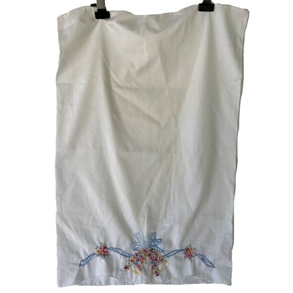 Vintage Handmade Embroidered Pillowcase with Wedding Bells and Ribbons - Picture 1 of 11